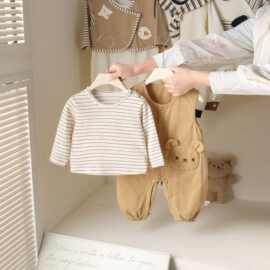 新款春秋季宝宝长袖衣服套装春天婴幼儿连身衣宝宝春秋背带裤套装