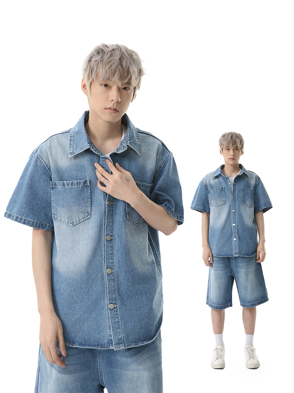 MTLCLOTHES para hombre | Moda americana cleanfit casual lavado blanco camisa de manga corta traje primavera y verano