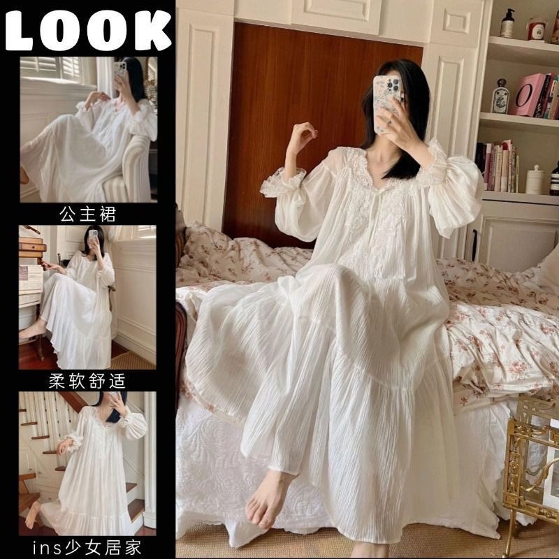 Wholesale cross-border French palace nightgown women's long skirt spring and summer long sleeve pajamas lace princess style home clothes Wholesale cross-border French palace nightgown women's long skirt spring and summer long sleeve pajamas lace princess style home clothes