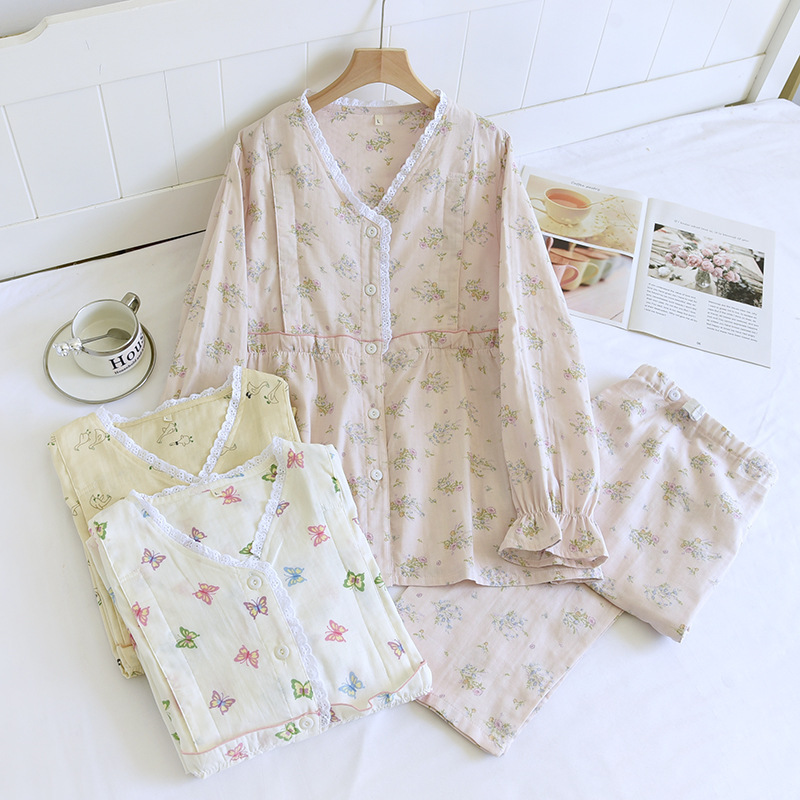 Summer Confinement Clothes Pure Cotton Gauze Spring & Fall Maternity Pajamas Pure Cotton Sweat-Absorbent Thin Plus Size Breastfeeding Mothers Waiting for Delivery Summer Confinement Clothes Pure Cotton Gauze Spring & Fall Maternity Pajamas Pure Cotton Sweat-Absorbent Thin Plus Size Breastfeeding Mothers Waiting for Delivery