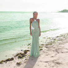 独立站爆款纯欲风连衣裙 性感海边度假收腰绿色吊带挂脖礼服