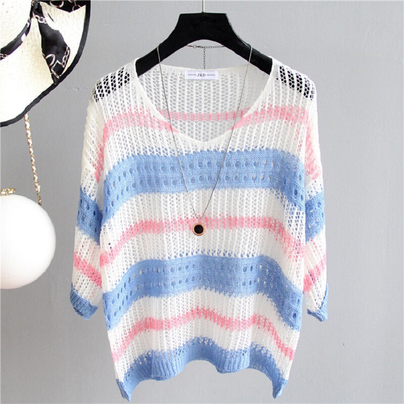 Colorful Hollow Striped New plus size Knitwear Loose Retro Style Pullover Thin Blouse Sunscreen Sweater Top Colorful Hollow Striped New plus size Knitwear Loose Retro Style Pullover Thin Blouse Sunscreen Sweater Top