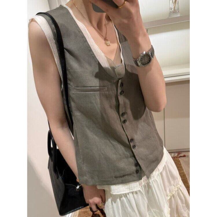 European Station 2026 Summer New European Style Design Patchwork V-Neck Sleeveless Faux Two-Piece Ramie Vest for Women European Station 2026 Summer New European Style Design Patchwork V-Neck Sleeveless Faux Two-Piece Ramie Vest for Women
