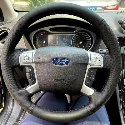 Suitable for Ford Mondeo Steering Wheel Cover, Hand-Stitched Leather Cover, 07-12 Models, Mondeo Maxi Steering Wheel Cover (Steering wheel cover) - ford-series-perforated-sides-black-leather-hand-stitched-with-black-thread-38cm