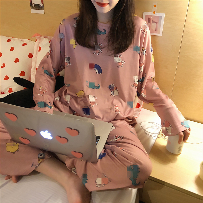 Long-sleeved Pajamas for Women Autumn and Winter Spring & Fall K-style New Large Size Ladies Home Clothes Cute Cartoon Pajamas Set Cross-border