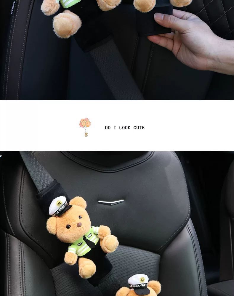 Car Kids Safety Belt Traffic Police Bear Protective Cover Fixed Adjuster Anti-Stranglehold Belly Cartoon Baby Shoulder Pad Set