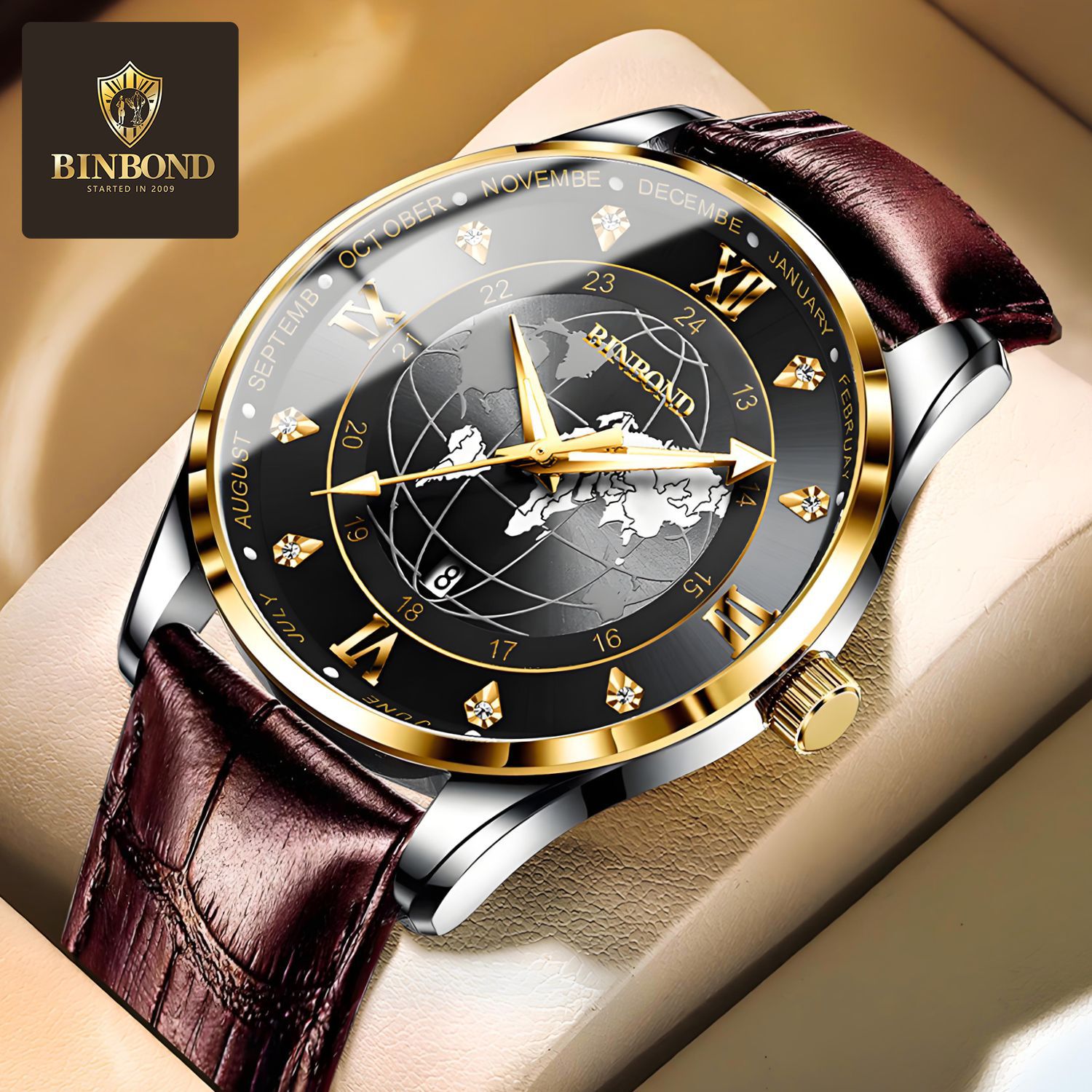 2022宾邦新款正品超薄手表男士防水真皮带地球仪潮流品牌日历男表