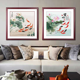 新中式装饰画中国风九鱼图客厅玄关茶室挂画中式家装软装实木墙画