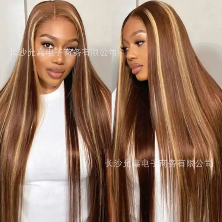 Mixed-color Asian highlights synthetic fiber wig with front lace, high-definition lace 13X4 large-area lace wig, long straight hair