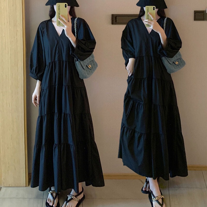 30395 # 2023 New Summer Style Fat mm Loose Slimming Look Belly-Covering V Neck Shirt Dress Vacation Over-The-Knee Long Skirt for Women 30395 # 2023 New Summer Style Fat mm Loose Slimming Look Belly-Covering V Neck Shirt Dress Vacation Over-The-Knee Long Skirt for Women