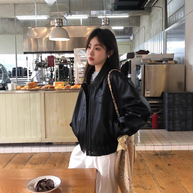 2025韩系皮衣秋新款高街潮显瘦百搭高级韩版复古翻领机车女款夹克|undefined