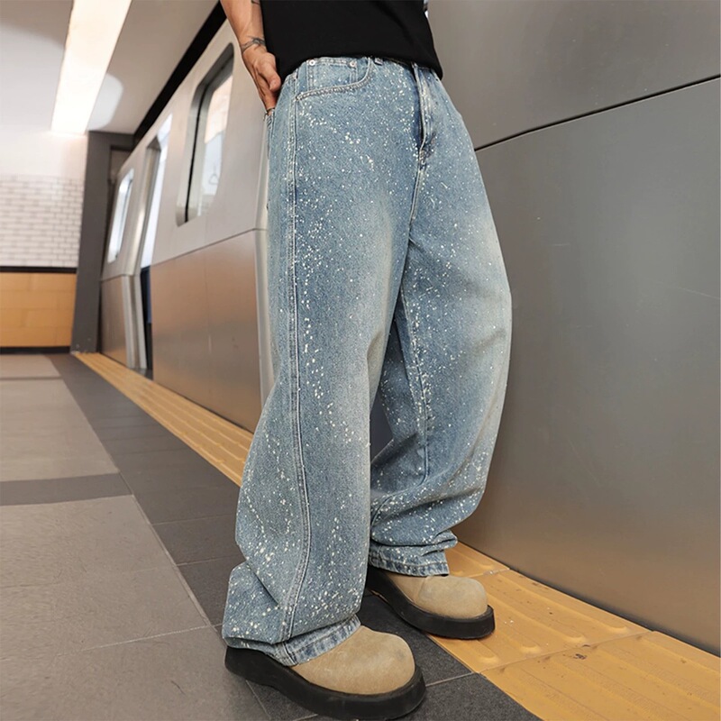 Japanese Okayama Full Rhinestone Starry Sky Jeans for Men, Summer New Versatile Trendy Brand Loose Sparkling Long Pants for Men