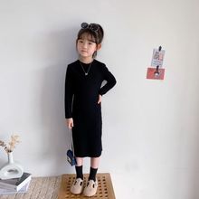 女童连衣裙秋冬款韩版个性时尚中大童黑色修身气质打底长袖针织裙