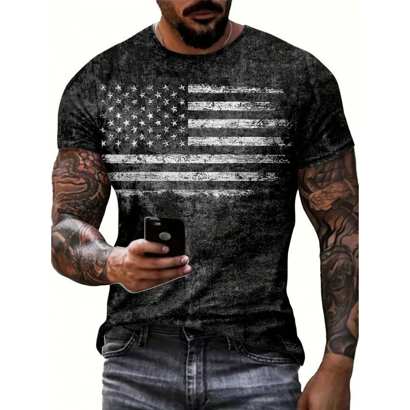 Amazonクロスボーダーヨーロッパとアメリカの人気国旗プリントサマーTシャツレトロ3Dデジタルプリントラウンドネック半袖紳士服|undefined