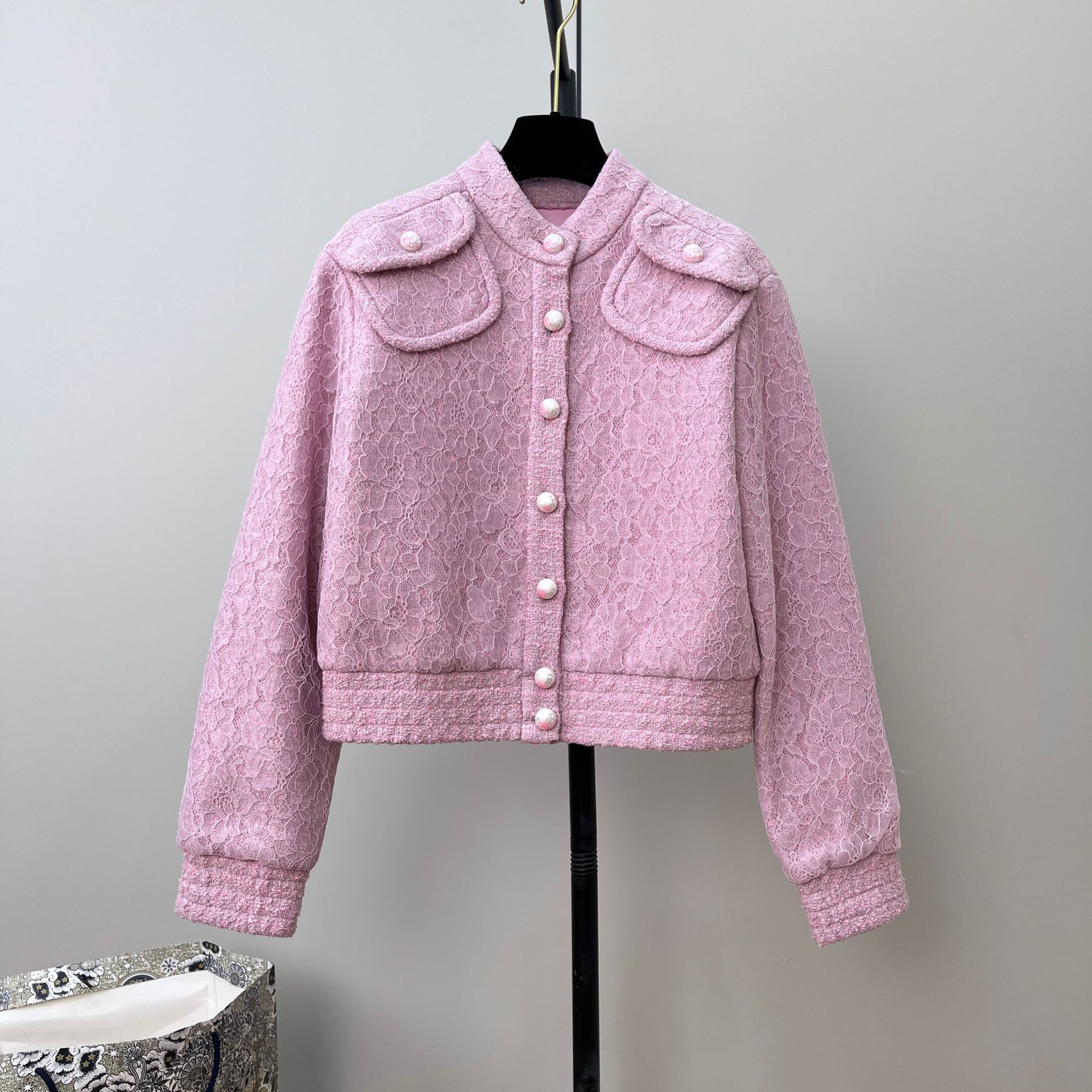 French-Style Lace Splicing Tweed Jacket for Women, White and Pink Cherry Blossom Woven Soft Tweed Top
