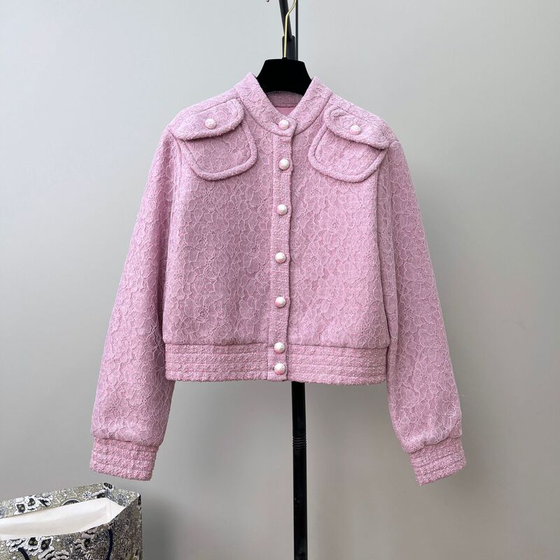 French-Style Lace Splicing Tweed Jacket for Women, White and Pink Cherry Blossom Woven Soft Tweed Top