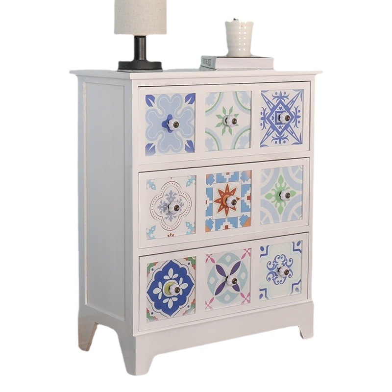 Mesita de noche americana, armario de almacenamiento creativo pastoral retro, armario de almacenamiento de madera, armario de almacenamiento de estilo étnico pintado