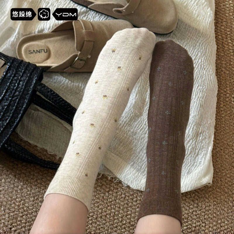 Zhuji women's spring and autumn floral pattern pure cotton mid-calf socks, trendy retro seamless versatile women's slouch socks Zhuji women's spring and autumn floral pattern pure cotton mid-calf socks, trendy retro seamless versatile women's slouch socks