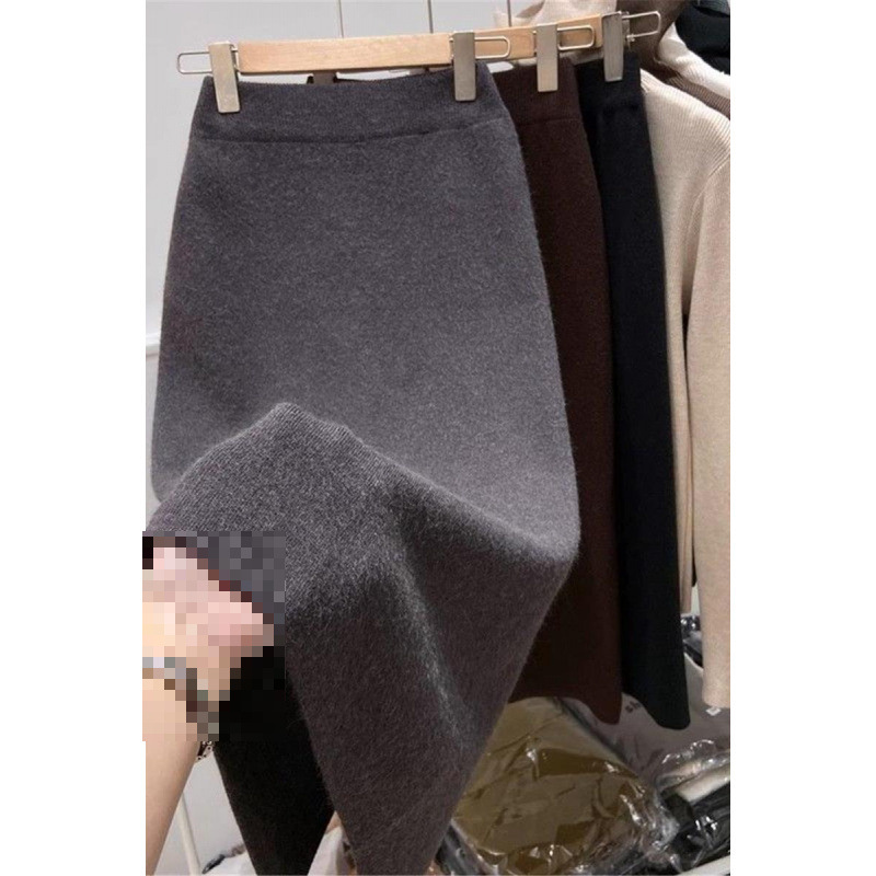 加厚针织半身裙女秋冬新款小个子高腰一步裙气质开叉包臀长裙