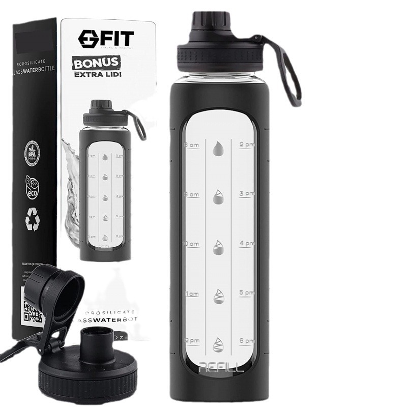 Cubierta portátil transfronteriza portátil hervidor deportivo de gran capacidad Flip taza de paja con escala cubierta de silicona vidrio de una sola capa