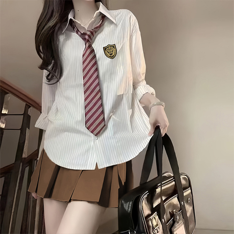 蓝色条纹衬衫上衣女春秋外穿百搭学院风韩系衬衣jk制服百褶裙套装|undefined