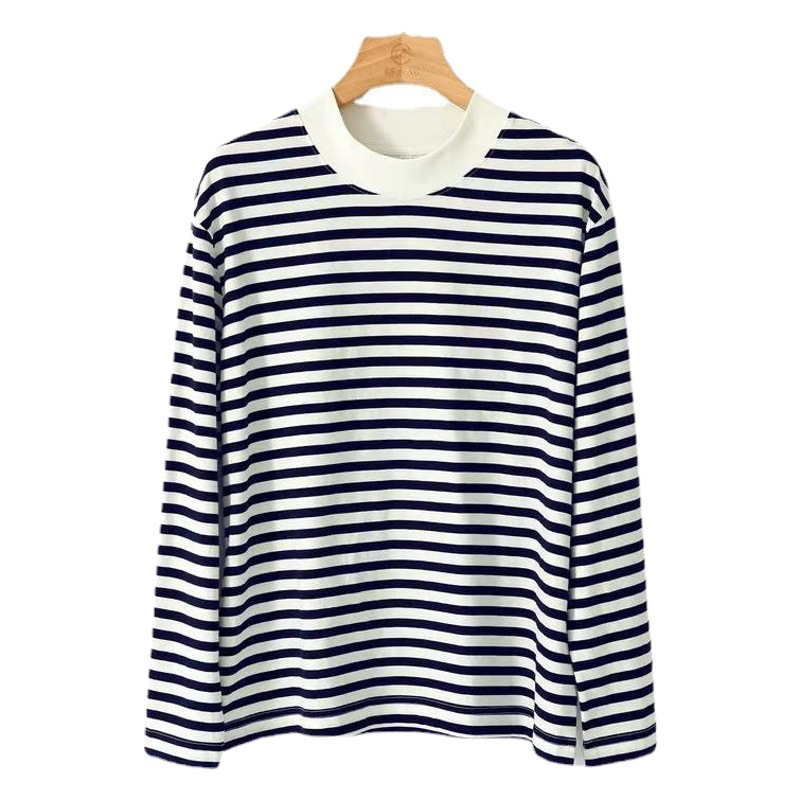 2023 nueva suelta interior superior otoño algodón espíritu mar camisa casual cuello redondo manga larga azul marino blanco rayas camiseta