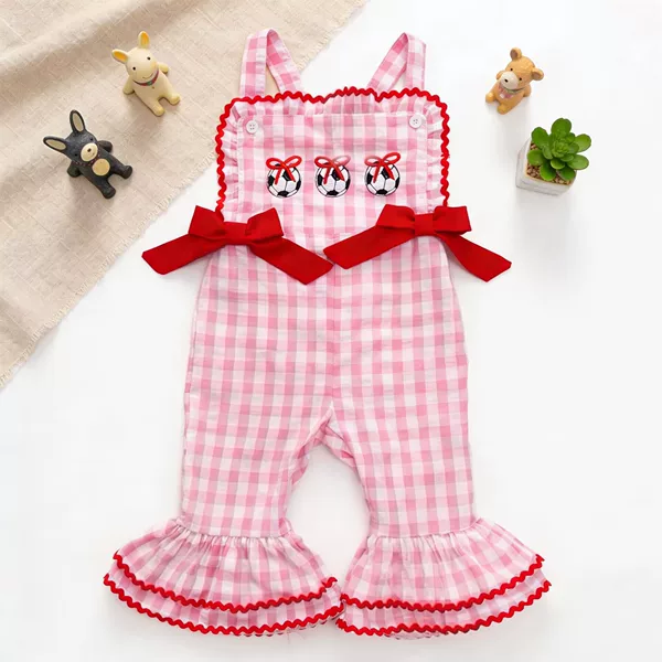 Girls' Pink Plaid Overalls Summer New Style Football Embroidery Bow Ruffle Casual One-Piece Flared Pants