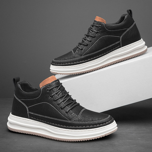 Men's trendy Korean style autumn invisible inner height increasing men's shoes round toe shallow mouth men's casual shoes high top black sneakers