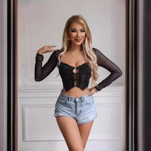欧美外贸街头时尚性感蕾丝网纱鱼骨修身方邻上衣长袖女装背心抹胸
