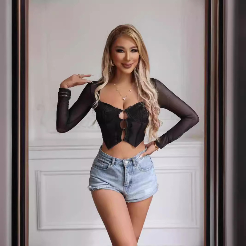 European and American Foreign Trade Street Fashion Sexy Lace Mesh Fishbone Slim-fit Square Neighbor Top Long Sleeve Women's Vest Tube Top