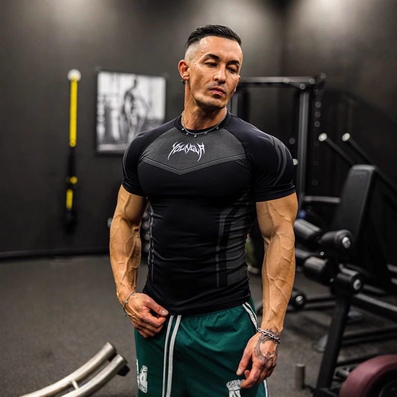 Foreign Trade Bodysuit Youngla American Trendy Men's Tight T-Shirt Jogger Sports Fitness Short-Sleeved Men's Training