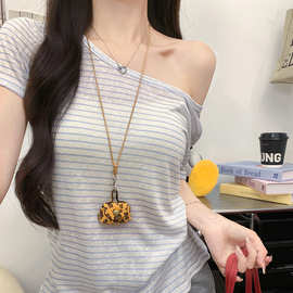 K3329莱赛尔撞色条纹斜肩短袖T恤女春夏时尚宽松显瘦百搭无袖上衣