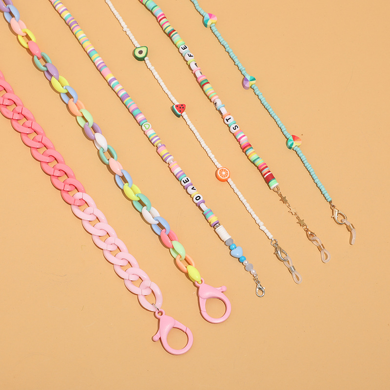 Cross-border hot selling ins colorful acrylic soft pottery glass rice beads cute fashion chain anti-falling glasses chain