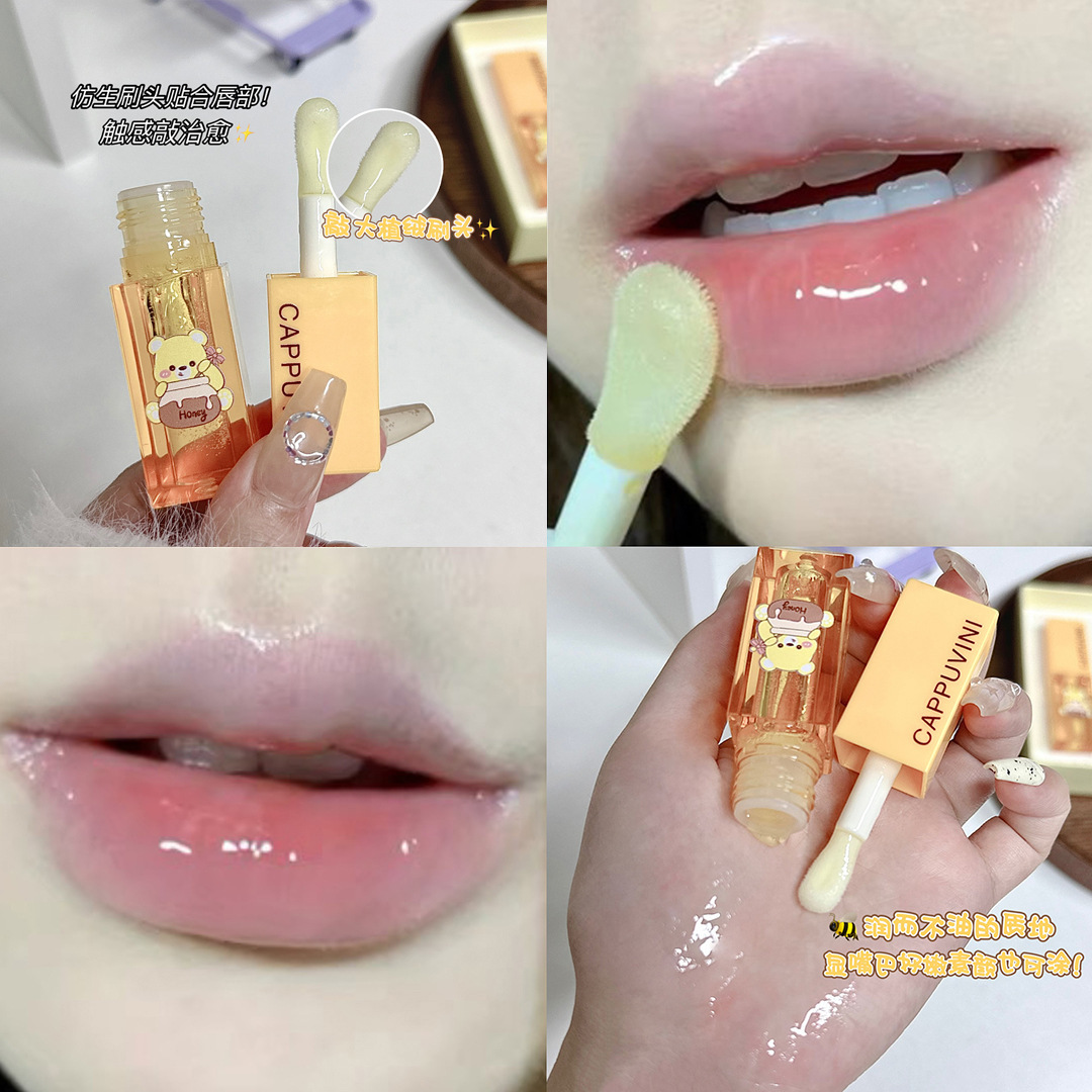 Cappuvini dulce dulce oso miel labial aceite humectante lápiz labial base anti-agrietamiento máscara labial set de miel labial mujer image 1