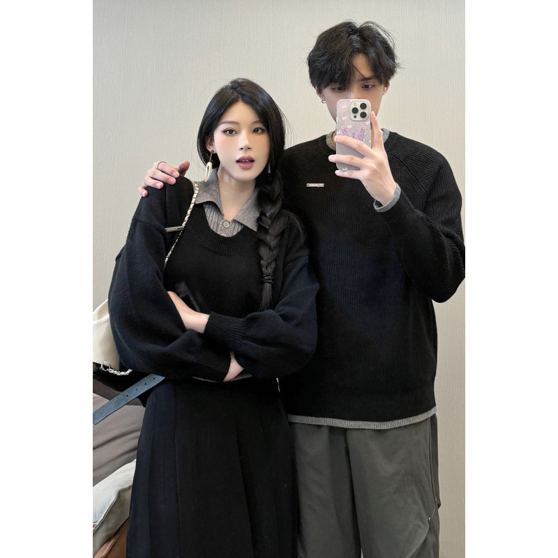 커플의 가을과 겨울 대학 스타일 짧은 디자인 감각 긴 소매 스웨터 느슨한 두 조각 크로스 테두리 헤어