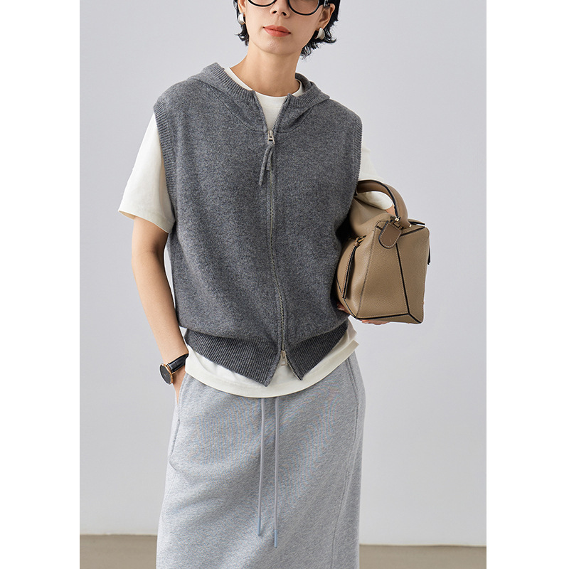 Hooded Sleeveless Sheep Wool Gray Vest Knitwear for Women 2025 New Autumn and Winter Layered Casual Jacket