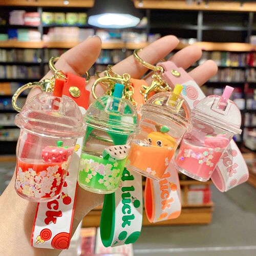 Creative fruit strawberry pineapple milk tea cup key chain floating quicksand into oil pendant car key chain bag pendant