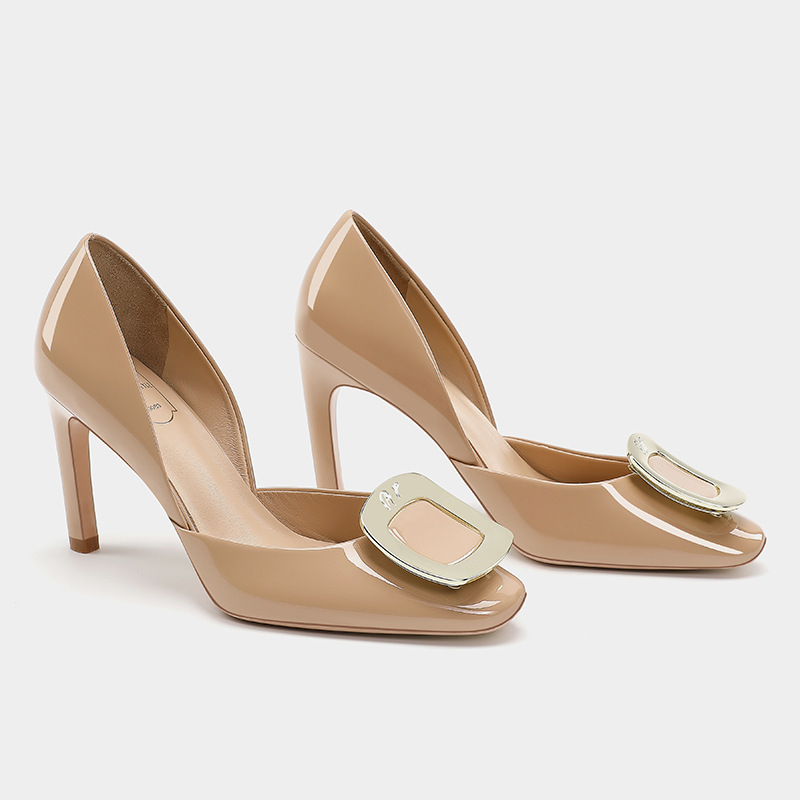 High-Heeled Shoes for Women, High-End Stiletto Heels, Elegant Hollow Sandals, Rv Square Buckle Flats, White Cong Yuan Same Style Patent Leather Nude Pink