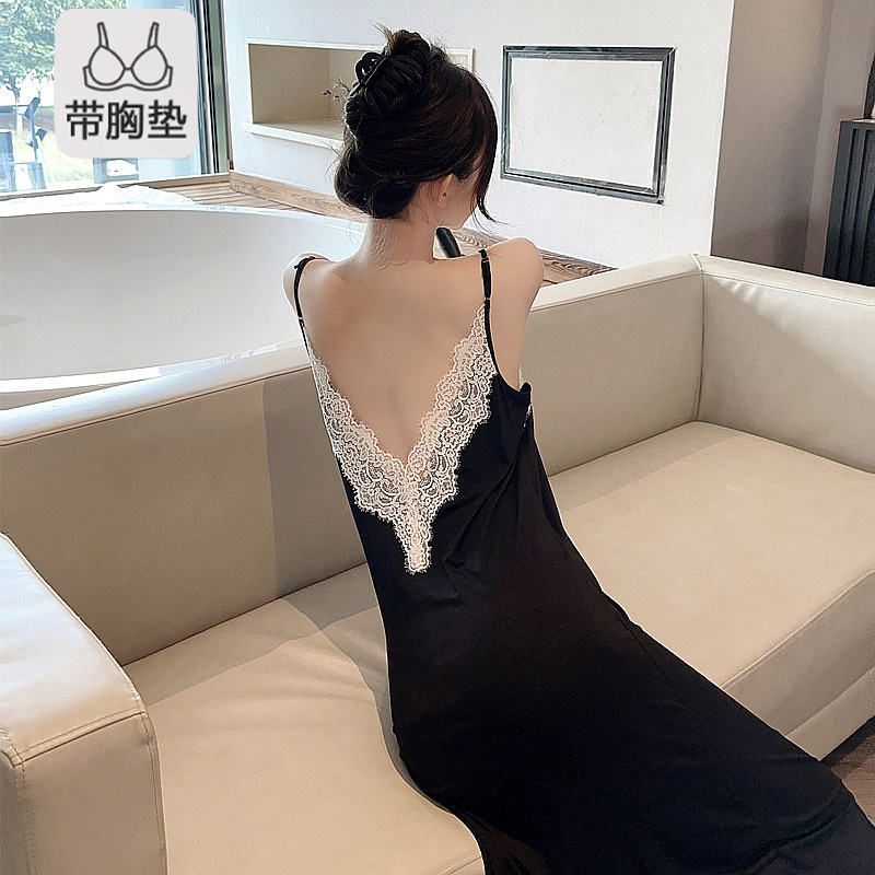 doubleoo Backless Modal Pajamas Women's Spring and Summer Sexy Sling Nightgown Solid Color Lace High-end Home Clothes