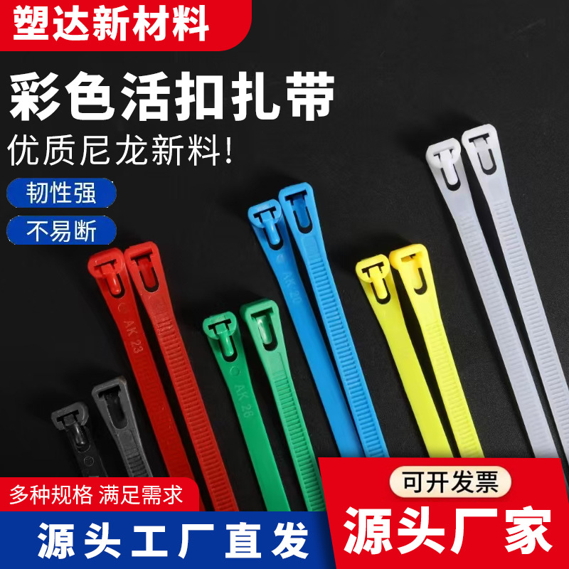 可重复使用活扣尼龙扎带束线带塑料卡扣固定绑带黑白彩色包装批发