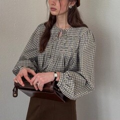 Daijyart“少女心事”法式松弛风琴褶灯笼袖长绒棉格子简约衬衫