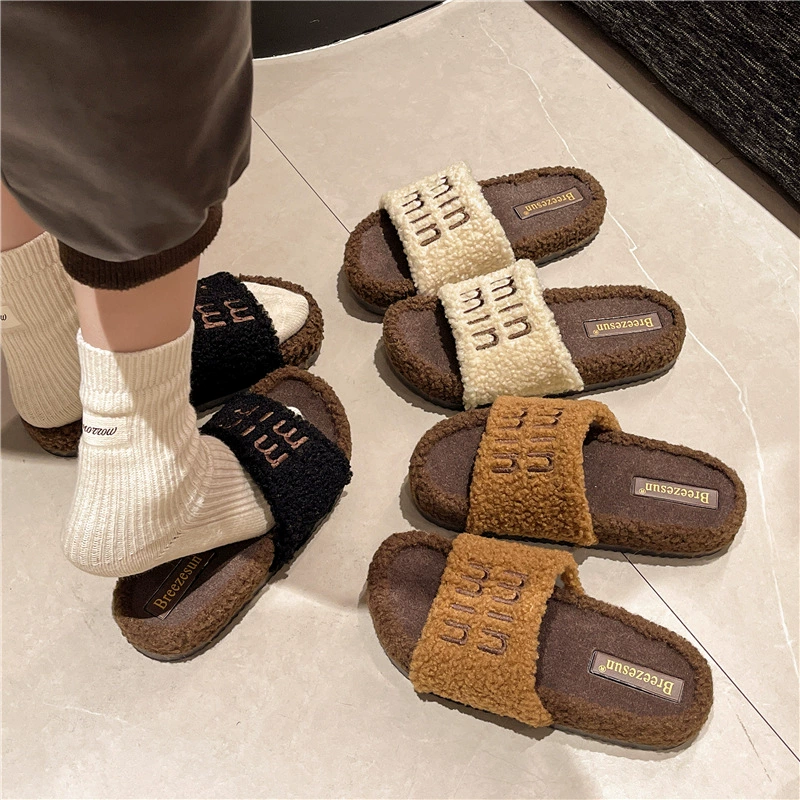 2024 новые трансграничные имитационные шерстяные тапочки плюшевые теплые слова хлопчатобумажные тапочки женские осенью и зимой