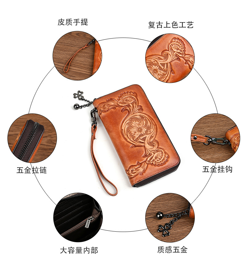 Ví cầm tay nữ da bò khóa kéo đa năng phong cách cổ điển dân tộc — Màu nâu cổ điển, Màu đỏ cổ điển, Màu đen cổ điển chi tiết 6