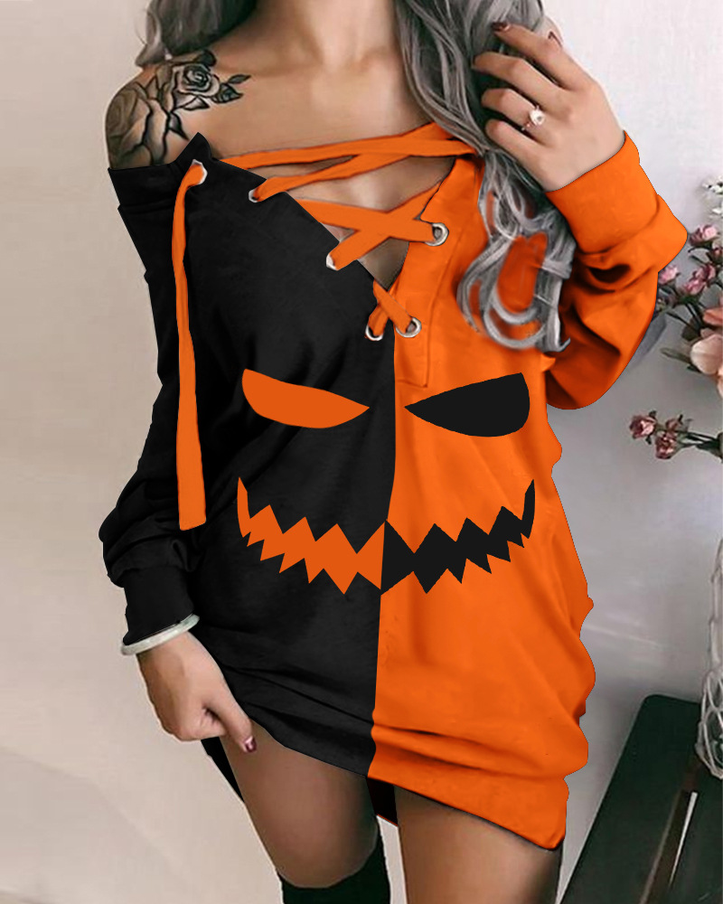 Women's Halloween Print Contrast Strap Dress For Women Stylish_voghion.com