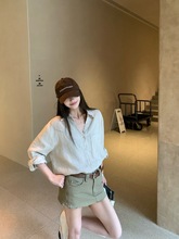 Polo翻领长袖亚麻衬衣衬衫女夏法式气质防晒开衫外套外搭宽松上衣