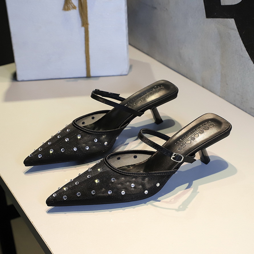 5131-1 Pantofole con tacco a spillo, punta a spillo, strass, design traforato e sexy, stile francese, in rete, con design a giorno e design singolo._voghion.com