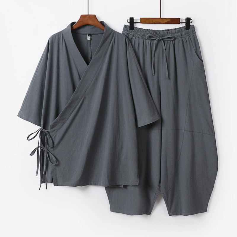 Autumn retro set, plus size, cotton and linen, with sleeve, loose fit