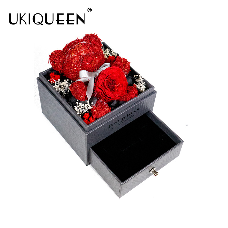 Caja de almacenamiento de joyas acrílica con diseño de oso de musgo de flor eterna, éxito de ventas de Amazon, venta al por mayor de fábrica para comercio exterior, regalo de flor eterna.