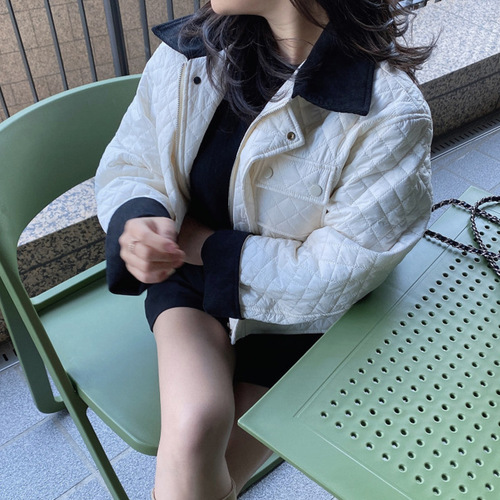 Women's Cotton Padded Jacket with Reverse Collar, Single Button, Checkered Pattern, Long Sleeve, Retro Color Combination - Autumn/Winter Style from Korea