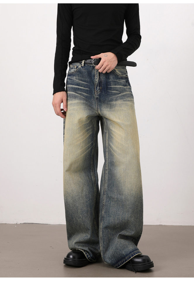 Quần jeans nam dáng rộng ống đứng phong cách retro Mỹ, giặt mài làm cũ — Màu xanh dương chi tiết 21